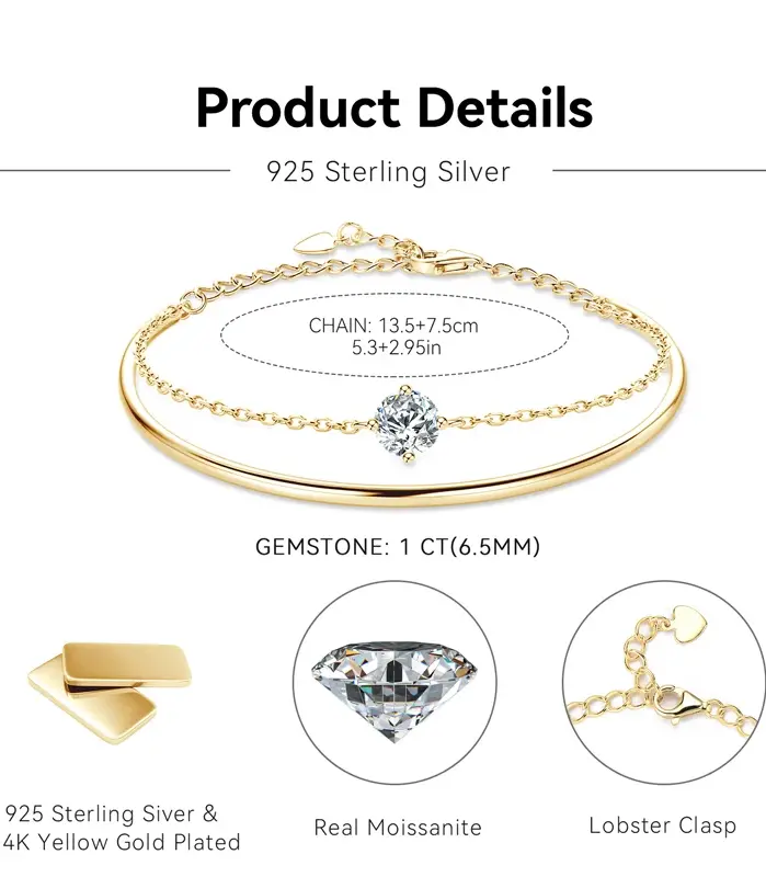 Pulsera de moissanita de 6,5mm para mujer, brazalete ajustable de doble cadena de Plata de Ley 925, joyería 2