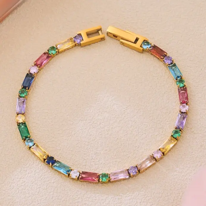 🌈 Pulsera Tennis "Arcoíris Baguette" – Acero Inoxidable y Oro 18K 1