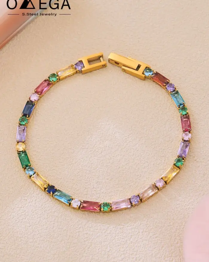 🌈 Pulsera Tennis "Arcoíris Baguette" – Acero Inoxidable y Oro 18K 1