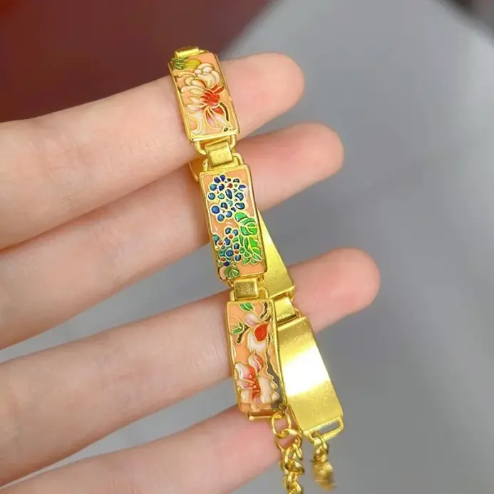 9999 24K real gold ancient enameled brand flower bracelet retro temperament national trend women's bracelet hand jewelry 2