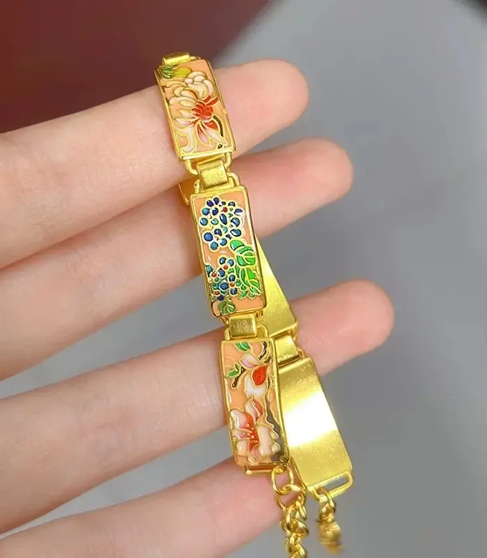 9999 24K real gold ancient enameled brand flower bracelet retro temperament national trend women's bracelet hand jewelry 2