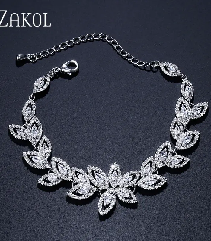ZAKOL Pulseras de Moda con Dijes de Flor de Circonia para Mujer, Pulsera de Hoja Micro Pavimentada, Joyería para Novias y Fiestas de Boda 1
