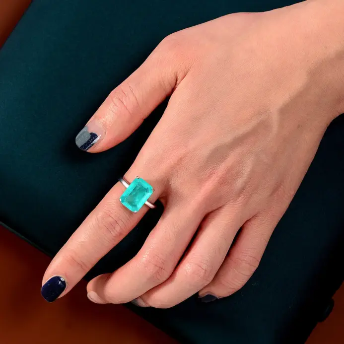 OEVAS, anillos de piedras preciosas de turmalina Paraiba de 10x14mm, Plata de Ley 925, anillo de diamante brillante de alto carbono para mujer, joyería de boda 2