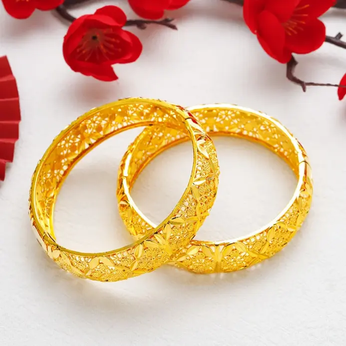 Brazalete de boda de lujo para mujer, oro puro 24K 9999, oro real, pulsera de hierba hueca 2