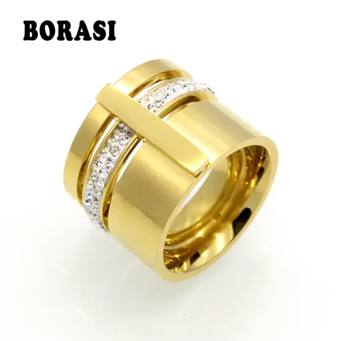 Anillos de acero inoxidable para hombres y mujeres, joyería de boda de tres capas, anillo de belleza femenino, cristal de circón de Color dorado, titanio 1