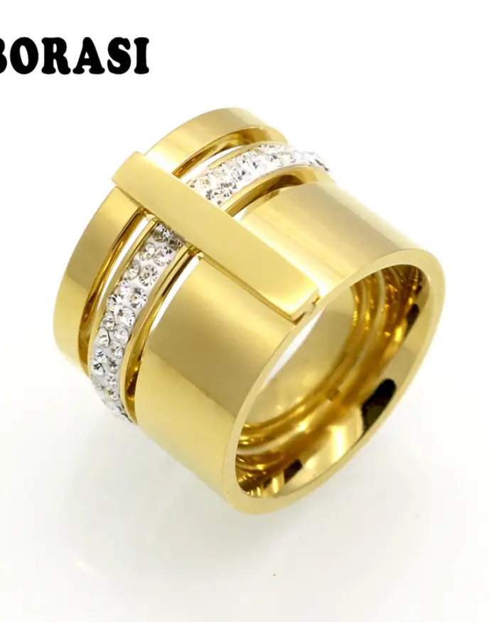 Anillos de acero inoxidable para hombres y mujeres, joyería de boda de tres capas, anillo de belleza femenino, cristal de circón de Color dorado, titanio 1