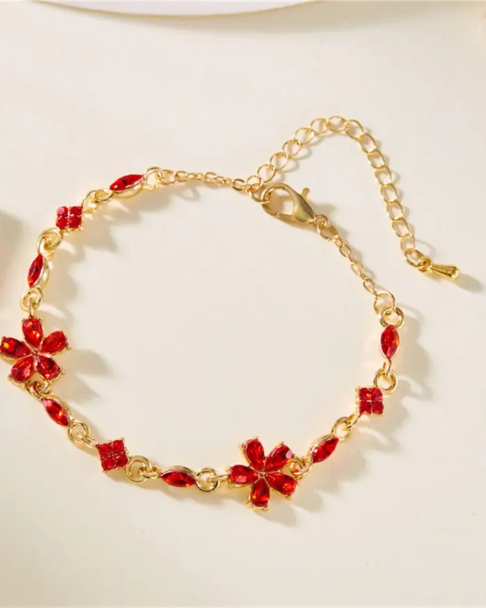 🌺 Pulsera "Jardín de Fuego" – Flores de Cristal Rojo y Oro de 18Kde boda de lujo 2