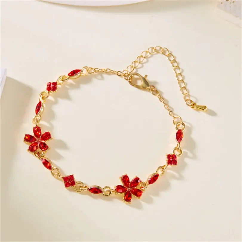 🌺 Pulsera "Jardín de Fuego" – Flores de Cristal Rojo y Oro de 18Kde boda de lujo 2