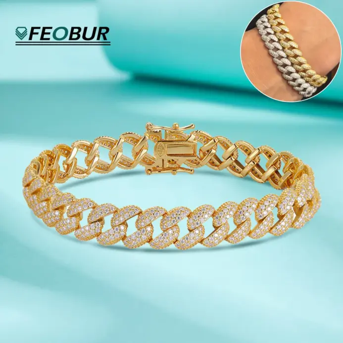 FEOBUR-pulsera de eslabones cubanos de moissanita para hombre y mujer, 9mm, Plata de Ley 925, probador de diamantes, pulseras de Hip Hop, joyería 1