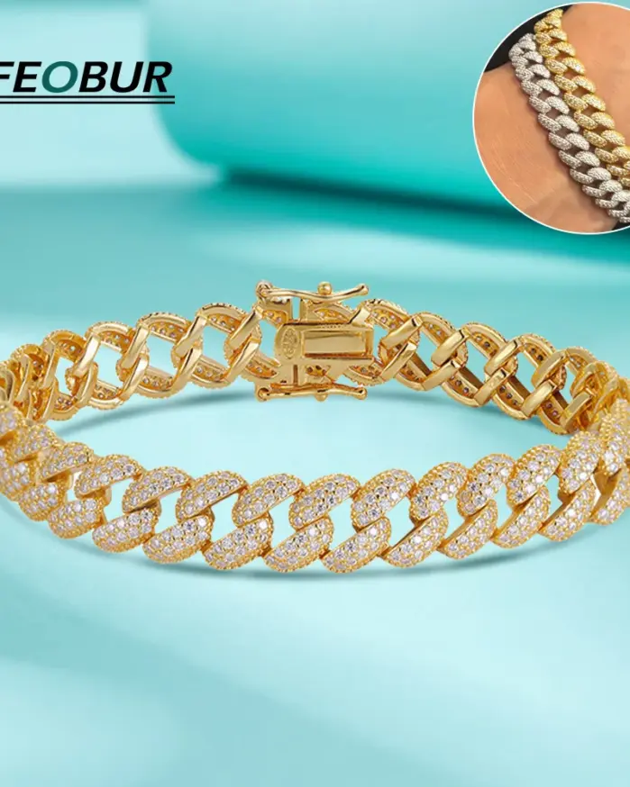 FEOBUR-pulsera de eslabones cubanos de moissanita para hombre y mujer, 9mm, Plata de Ley 925, probador de diamantes, pulseras de Hip Hop, joyería 1