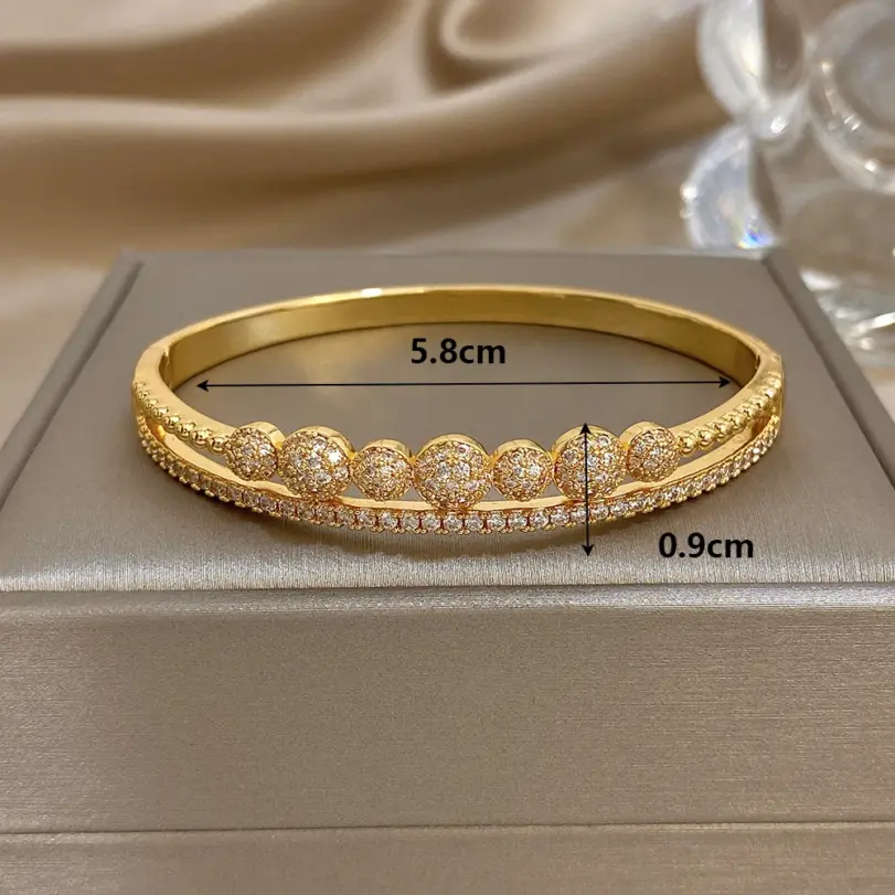 Pulsera chapada en oro con circonita brillante de lujo para mujer, brazalete con hebilla abierta geométrica elegante para novia, regalo de joyería de boda 6