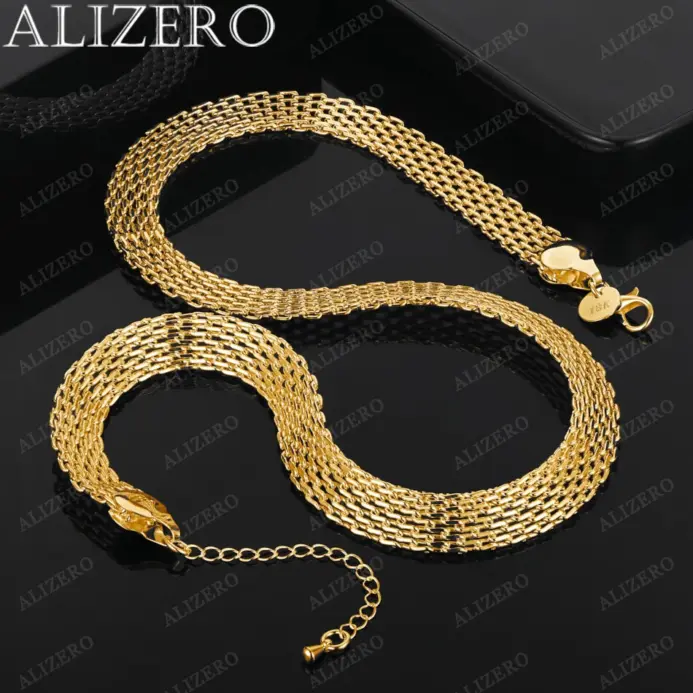 ALIZERO-collar de oro de 18 quilates para hombre y mujer, collar de malla tejida de 18 pulgadas y 10mm, joyería fina para fiesta de boda, regalos 1