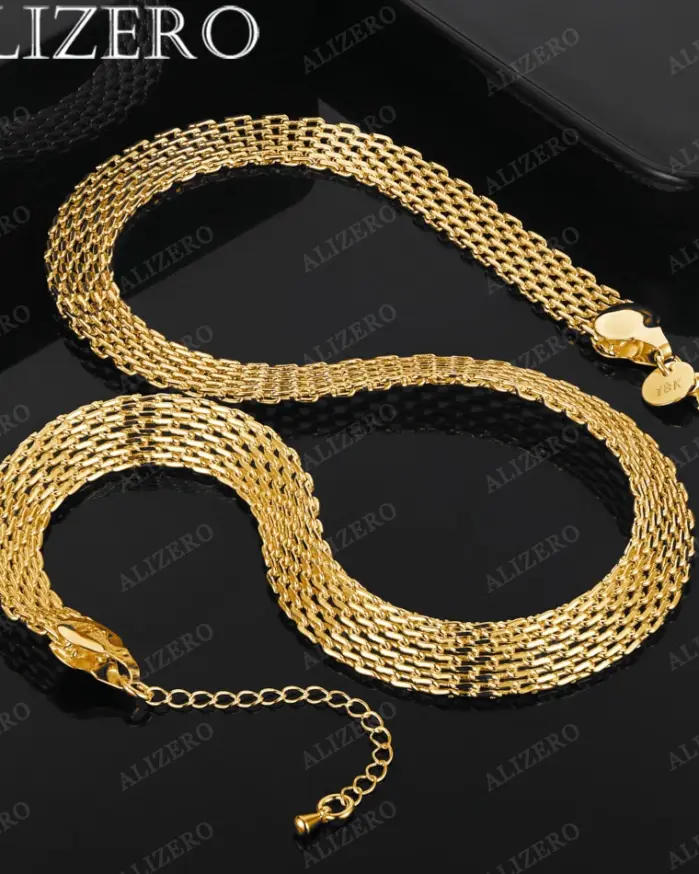 ALIZERO-collar de oro de 18 quilates para hombre y mujer, collar de malla tejida de 18 pulgadas y 10mm, joyería fina para fiesta de boda, regalos 1