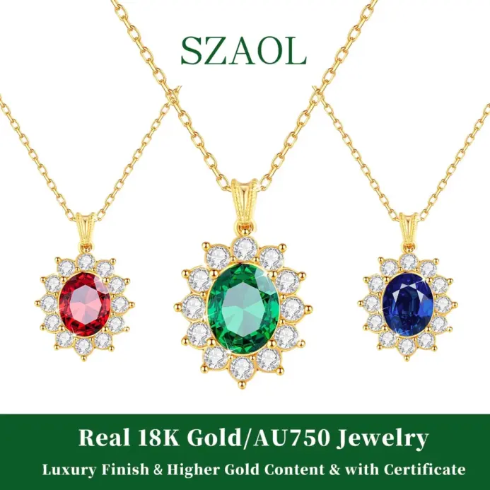 Collar con Colgante de Zafiro Azul 100% Oro 18K AU750 con Rubí/Esmeralda, Cadena con Certificado, para Eventos de Gala, para Mujer 1