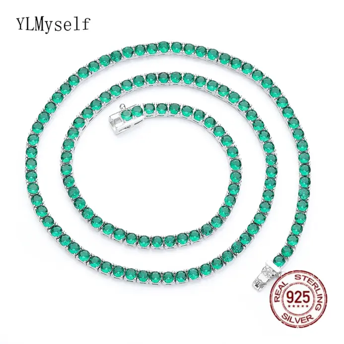 16/18 pulgadas (41/45 cm) joyería fina sólida Real pavé 3 mm circonita cúbica verde esmeralda 925 collar gargantilla de tenis de plata esterlina 1