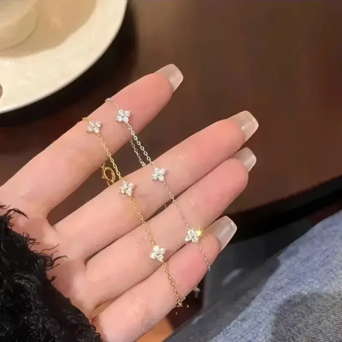 Pulsera de flores de cuatro hojas de cristal de alta calidad para mujer, brazalete clásico de moda de Color dorado de acero inoxidable con circonita, regalo de joyería 1