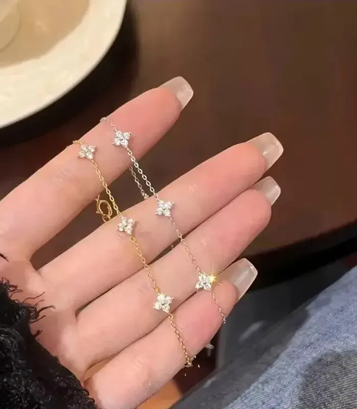 Pulsera de flores de cuatro hojas de cristal de alta calidad para mujer, brazalete clásico de moda de Color dorado de acero inoxidable con circonita, regalo de joyería 1