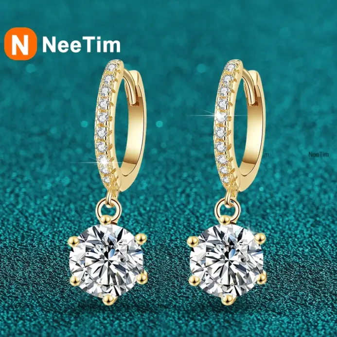 pendientes colgantes de moissanita de 0,5 CT y 1ct, plata de ley S925 con joyería de boda chapada en oro con certificado, pendientes de aro 1