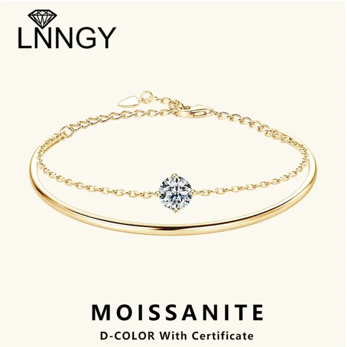 Pulsera de moissanita de 6,5mm para mujer, brazalete ajustable de doble cadena de Plata de Ley 925, joyería 1