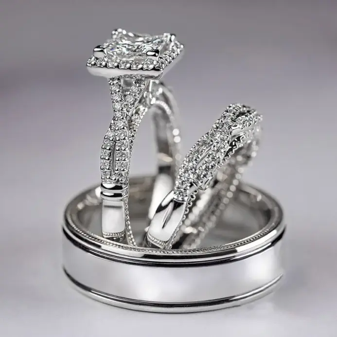 Conjunto de anillos de promesa 3 en 1 Vintage de oro de 14 quilates, anillos de compromiso con diamantes de laboratorio para mujeres y hombres, joyería de fiesta 2