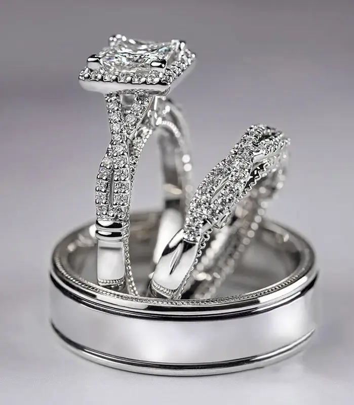 Conjunto de anillos de promesa 3 en 1 Vintage de oro de 14 quilates, anillos de compromiso con diamantes de laboratorio para mujeres y hombres, joyería de fiesta 2