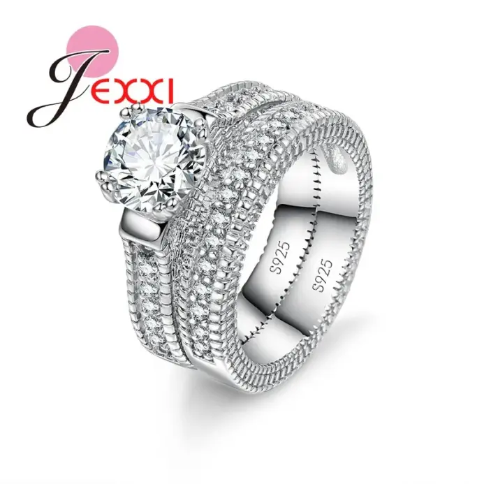 Conjunto de anillos elegantes de Plata de Ley 925 para mujer, 2 uds., pavimentado, cristales brillantes de alta calidad, joyería de boda para novia 1
