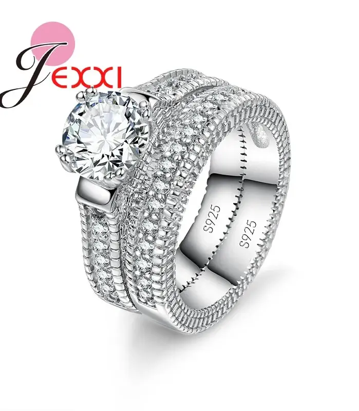 Conjunto de anillos elegantes de Plata de Ley 925 para mujer, 2 uds., pavimentado, cristales brillantes de alta calidad, joyería de boda para novia 1