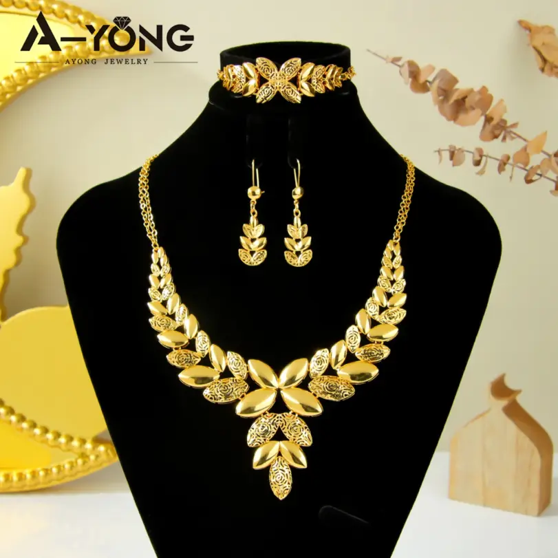 Precioso conjunto de joyería de boda de Dubái, chapado en oro de 24k, collar nupcial nigeriano, pulsera, pendientes, joyería árabe para mujer 3