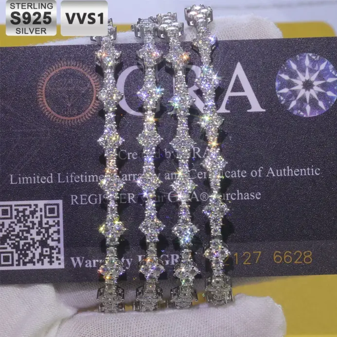 pulsera de tenis de plata 925 VVS Moissanite para hombres y mujeres, cadena de tenis de plata de ley VVS helada con hebilla de resorte 1
