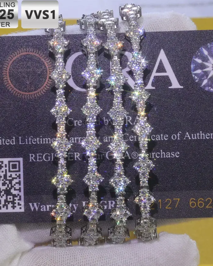pulsera de tenis de plata 925 VVS Moissanite para hombres y mujeres, cadena de tenis de plata de ley VVS helada con hebilla de resorte 1