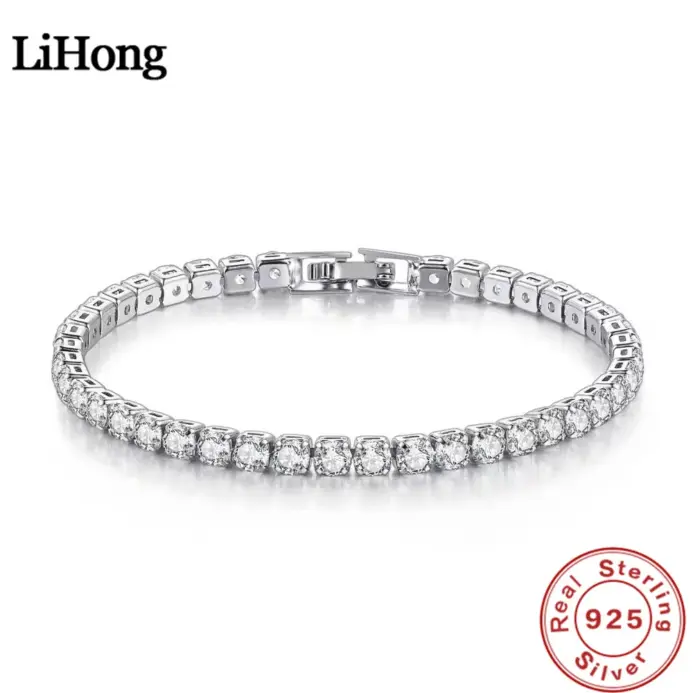 Lihong-pulsera de plata de ley S925 para mujer, brazalete de Circonia cúbica, bola de tenis, joyería sencilla de compromiso, abalorio de boda, 4mm, 16-20cm 1