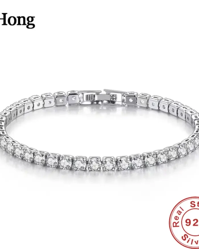 Lihong-pulsera de plata de ley S925 para mujer, brazalete de Circonia cúbica, bola de tenis, joyería sencilla de compromiso, abalorio de boda, 4mm, 16-20cm 1