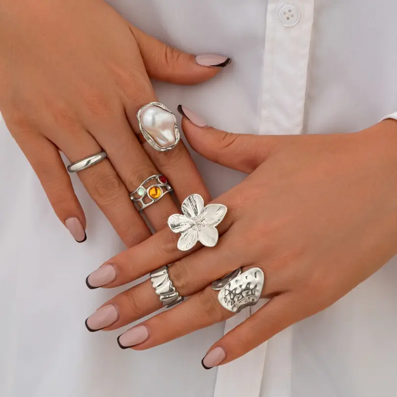 6 unids/set de anillos de flores de Metal Vintage para mujer, anillos de nudillos de perlas de imitación barrocas elegantes Punk, uso diario, regalos de fiesta y vacaciones 3