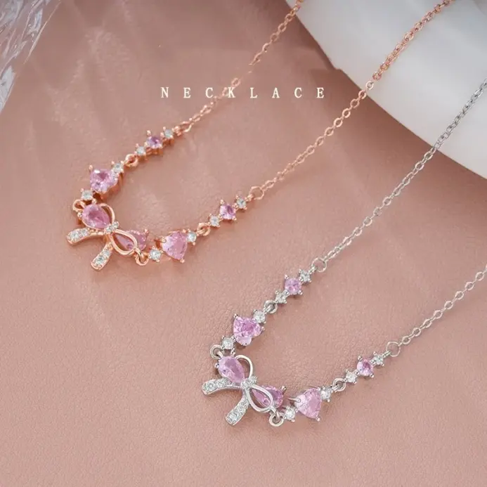 🎀 Collar "Pink Ribbon Glow" – Gargantilla con Lazo de Circonia Rosa 2