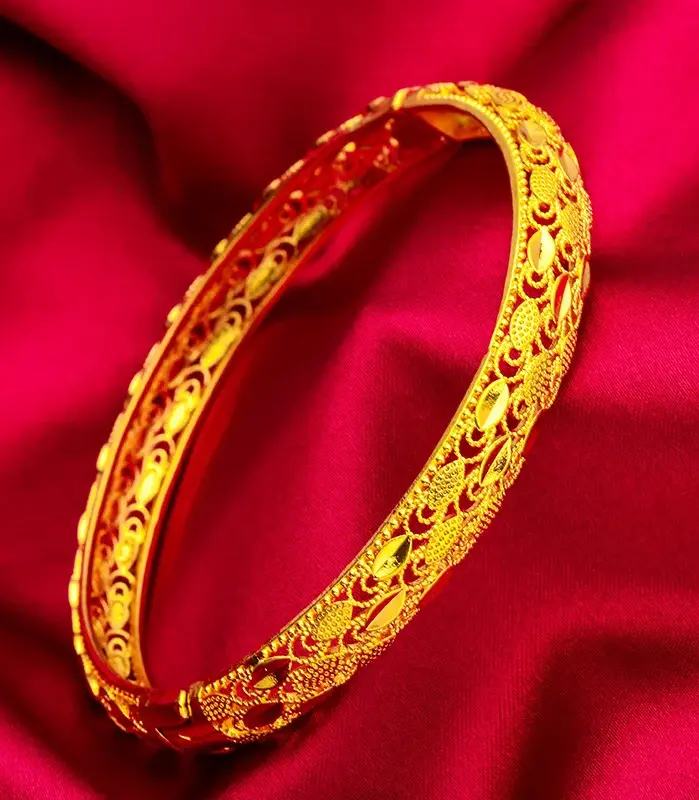 Pulsera con cierre de plumas para mujer AU999, oro de 24 quilates, alivio de plumas en 3D, diseño de cierre fácil de usar, favorecedor dinámico de lujo 1