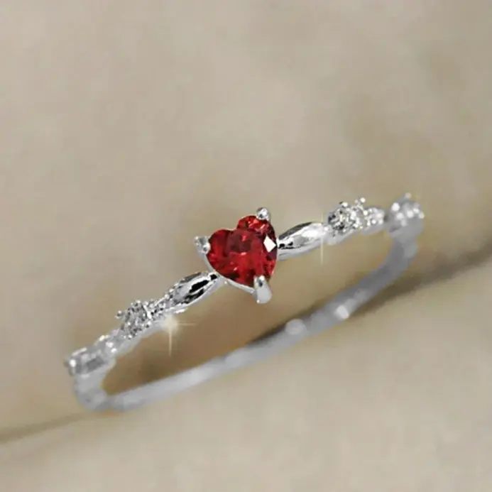 exquisito amor rojo CZ anillos de propuesta de compromiso para mujeres banda delgada estética joyería de moda femenina regalo de cumpleaños elegante 2