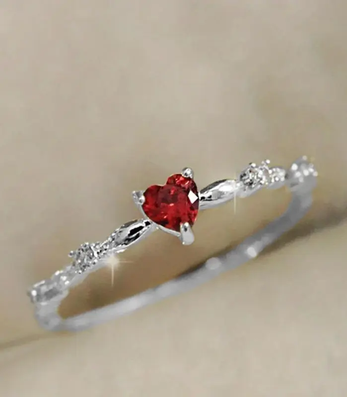 exquisito amor rojo CZ anillos de propuesta de compromiso para mujeres banda delgada estética joyería de moda femenina regalo de cumpleaños elegante 2