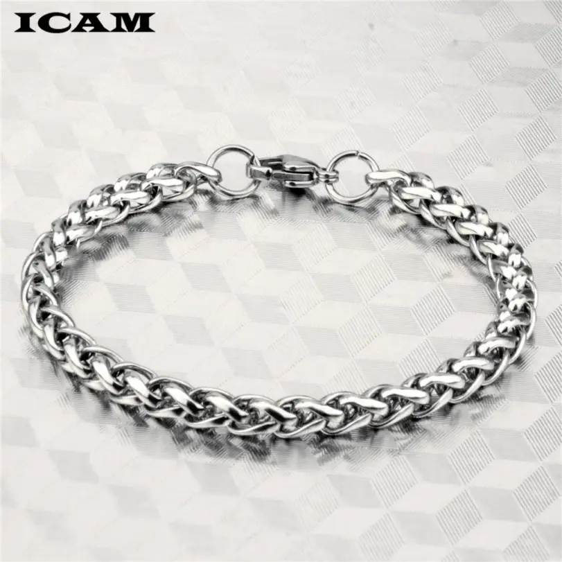 Pulsera y brazalete ICAM para hombre, regalo de Navidad 2018, pulsera de acero inoxidable, eslabones de Color plateado, joyería de doble cadena de trigo, envío directo 4