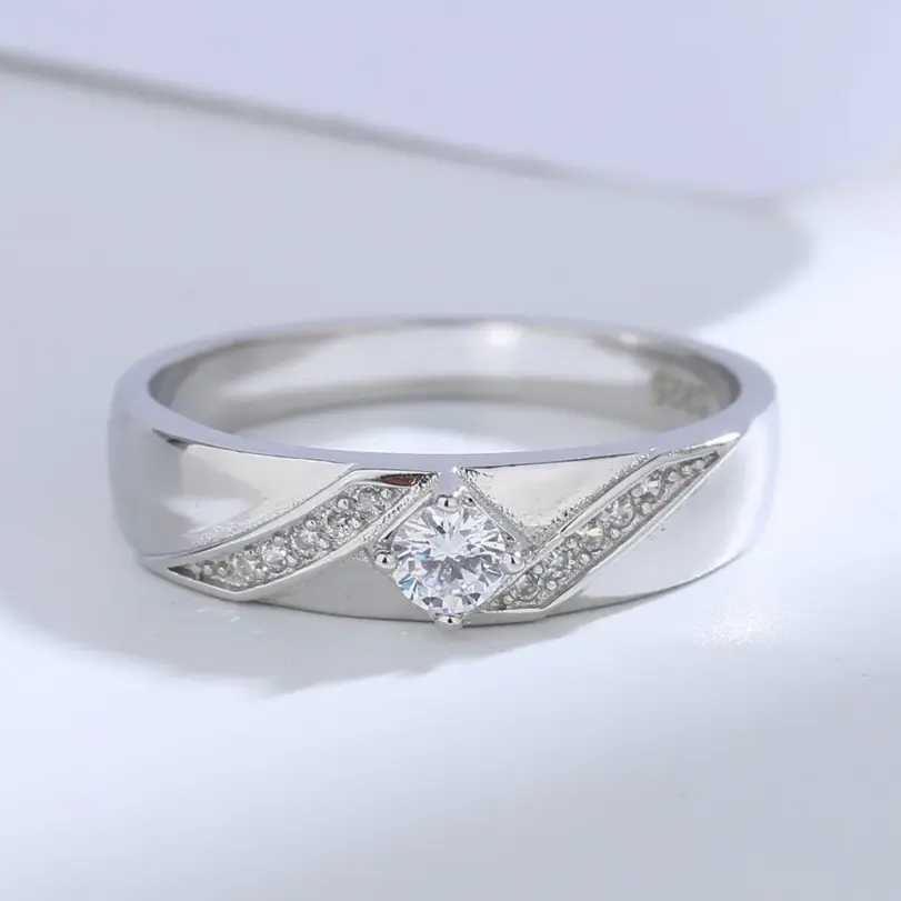 Buyee-Conjunto de anillos de Plata de Ley 925 para parejas, anillo Simple de circón blanco para mujer y hombre, joyería fina de boda a la moda, círculo 5