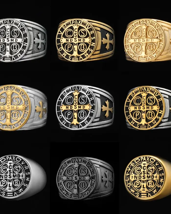 Exorcismo San Benito Cspb Cruz hombres anillos Punk Hip Hop para novio joyería de acero inoxidable regalo creativo al por mayor 1