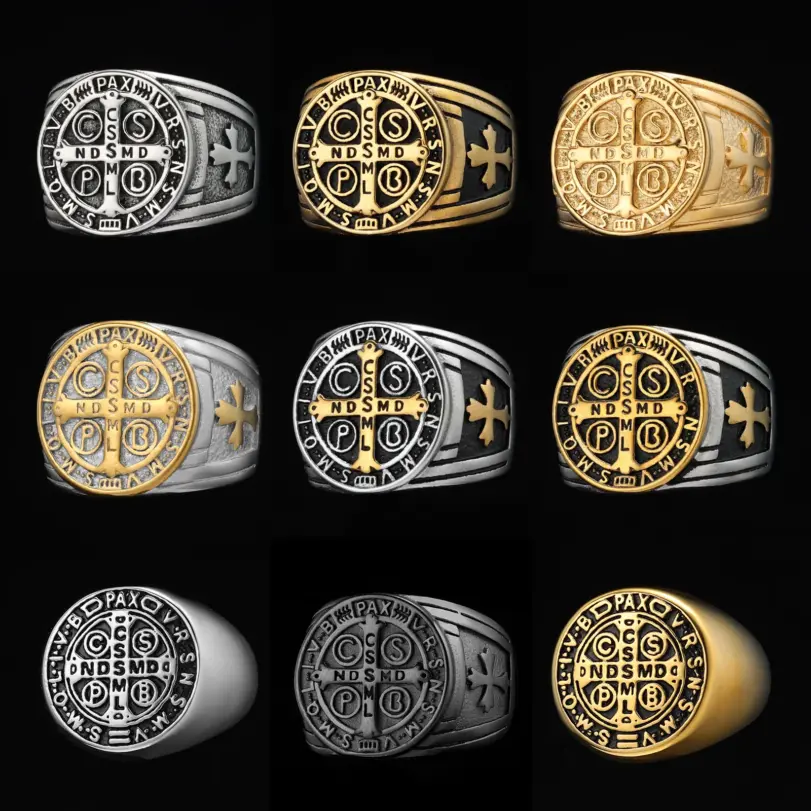 Exorcismo San Benito Cspb Cruz hombres anillos Punk Hip Hop para novio joyería de acero inoxidable regalo creativo al por mayor 1