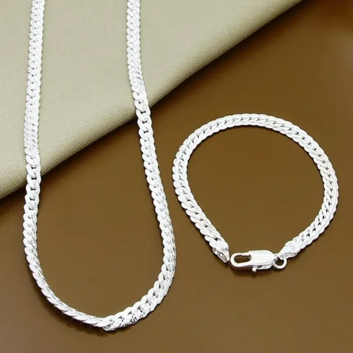 Plata de Ley 925, 2 piezas, collar de cadena lateral completa, pulsera, conjunto de joyería de moda para hombres y mujeres, regalo de boda 1