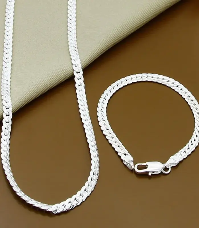 Plata de Ley 925, 2 piezas, collar de cadena lateral completa, pulsera, conjunto de joyería de moda para hombres y mujeres, regalo de boda 1
