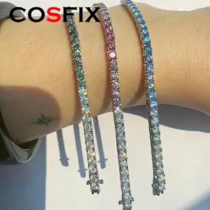 COSFIX azul/rosa/verde hombres mujeres cadena de tenis de moissanita completa pulsera de tenis de moissanita cadena de tenis de plata s925 para mujeres y hombres 1