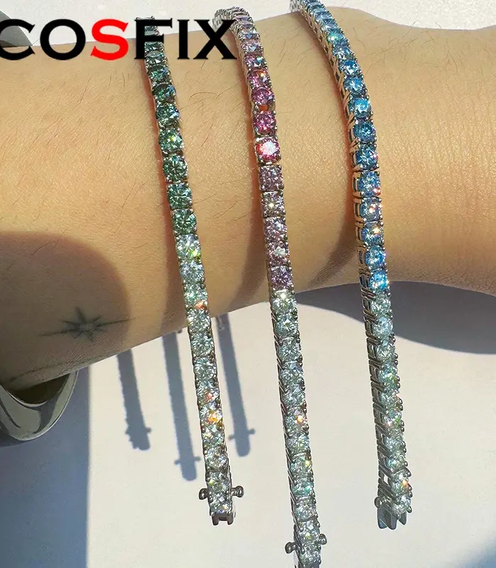 COSFIX azul/rosa/verde hombres mujeres cadena de tenis de moissanita completa pulsera de tenis de moissanita cadena de tenis de plata s925 para mujeres y hombres 1