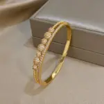 Pulsera chapada en oro con circonita brillante de lujo para mujer, brazalete con hebilla abierta geométrica elegante para novia, regalo de joyería de boda 4