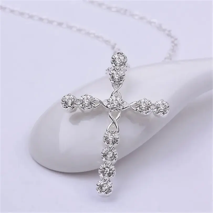 Collar de cristal de Plata de Ley 925 de 45cm, dijes de boda para mujer, joyería de moda noble, cruz clásica, bonito regalo 4