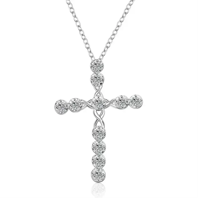 Collar de cristal de Plata de Ley 925 de 45cm, dijes de boda para mujer, joyería de moda noble, cruz clásica, bonito regalo 2