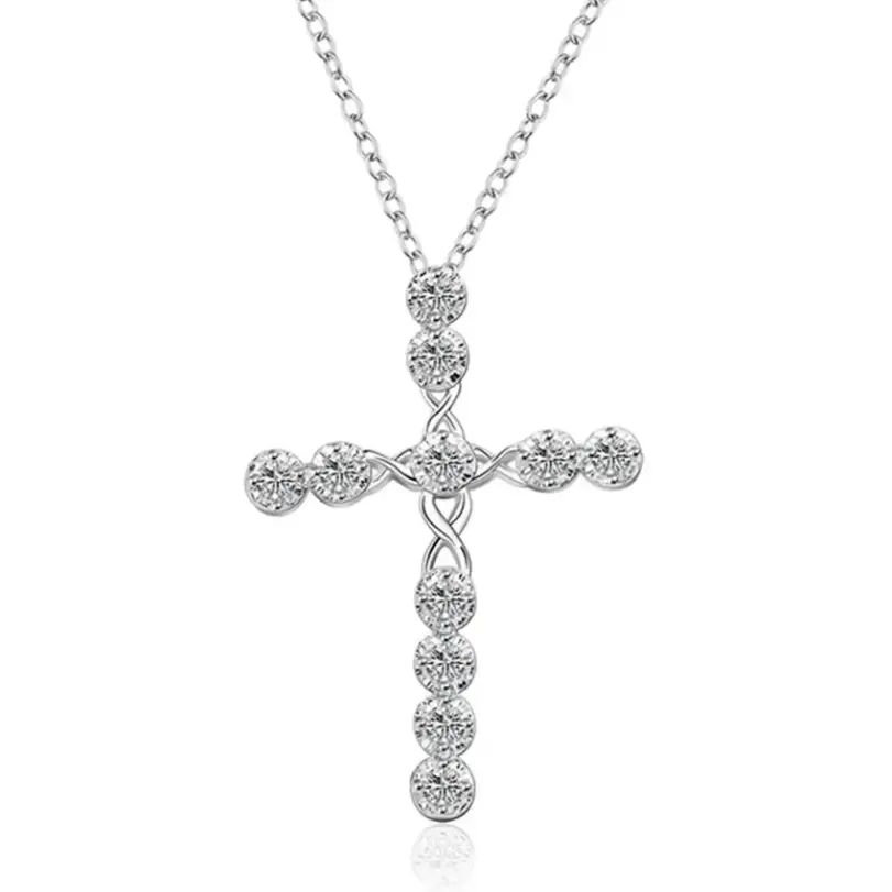 Collar de cristal de Plata de Ley 925 de 45cm, dijes de boda para mujer, joyería de moda noble, cruz clásica, bonito regalo 2