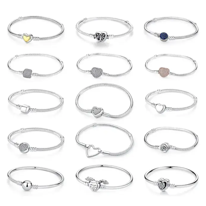 Pulseras de plata de ley 925 originales, brazaletes con Clip de corazón de amor, cuentas, cadenas de serpiente para mujer, joyería de lujo DIY de oro rosa 1